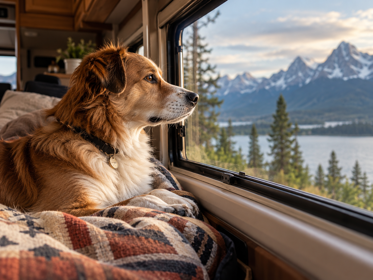 Traveling dog resting by a camper window during an overland journey Título: