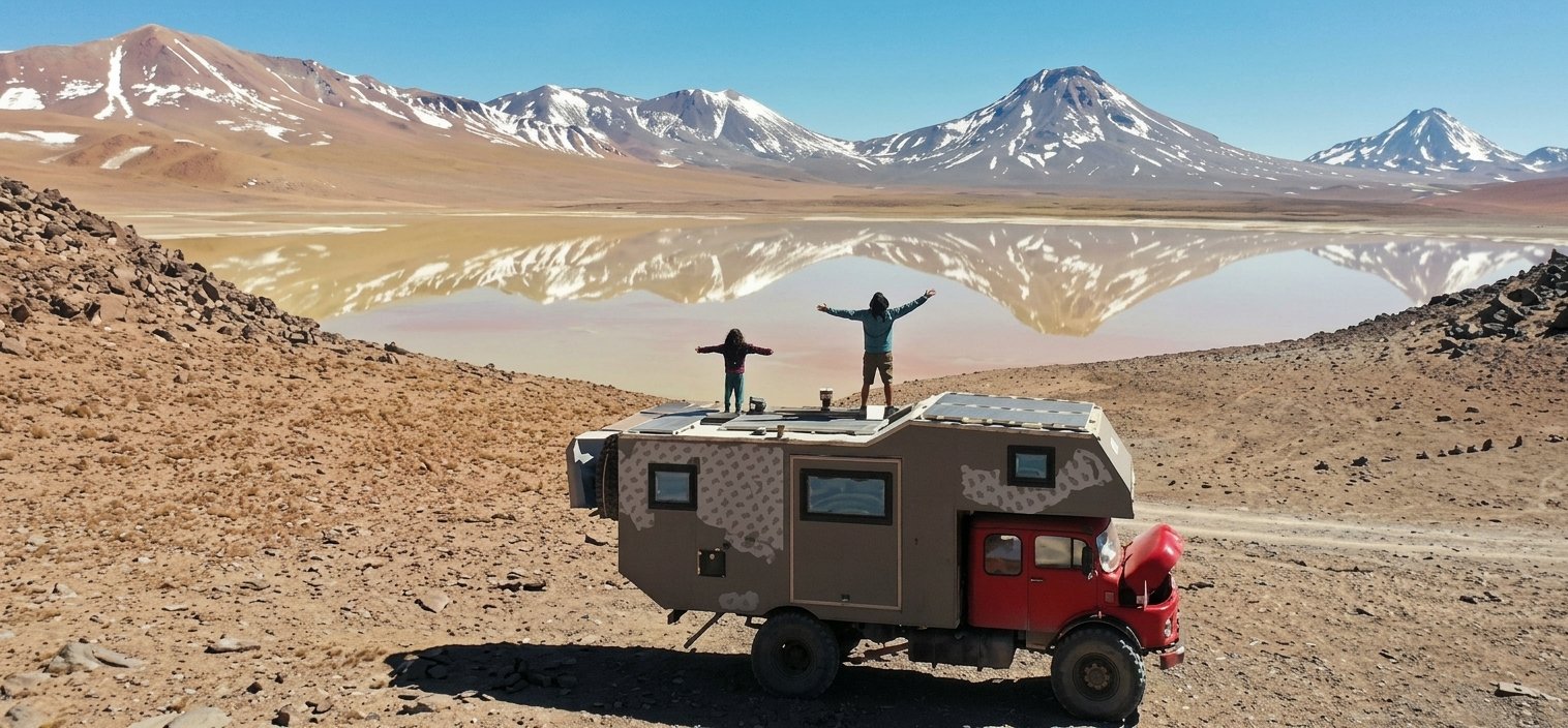 Casaneta expedition truck traveling through a remote mountain landscape