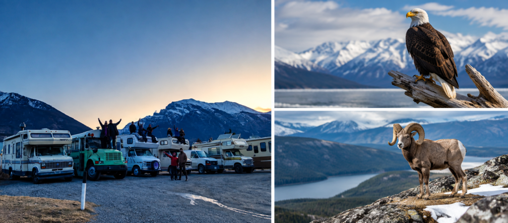 Overland travelers in the Canadian mountains with a bald eagle and bighorn sheep